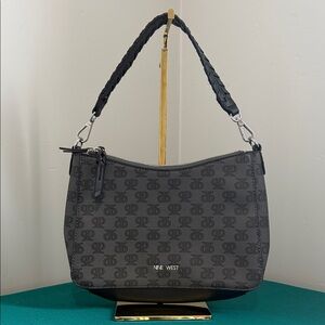 Nine West Black & Gray Top Zip Baguette, Silver Hardware, Removable Strap, EUC